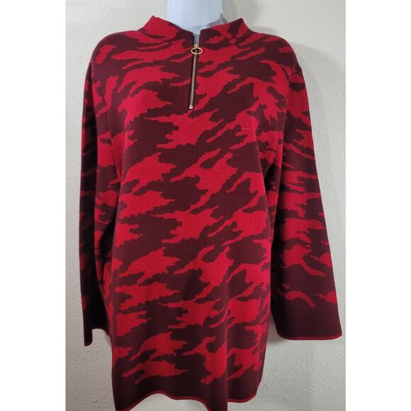 Red Burgundy Camo Print 1/4 Zipper Pullover Sweater Top Large Soft Comfy Stretch - Picture 1 of 6